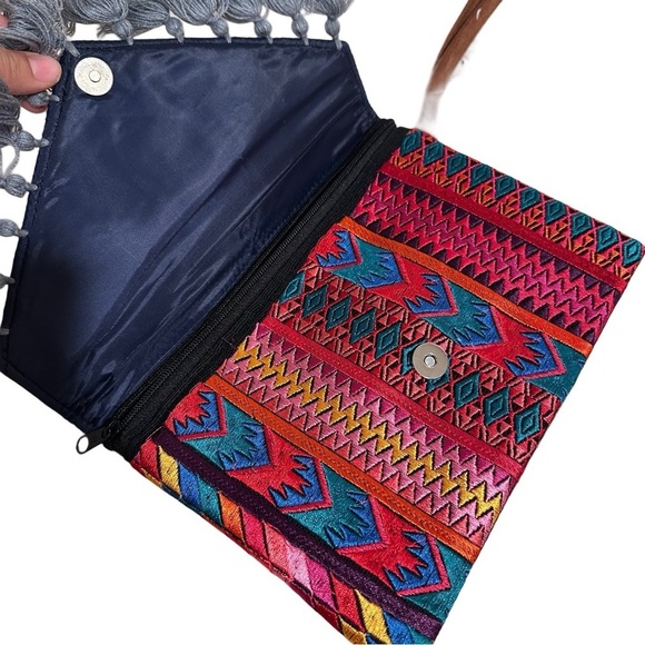 Ethnic Boho Large Clutch Suede Wristlet Bag Handmade Embroidery Tassels Indi NEW - Picture 6 of 15